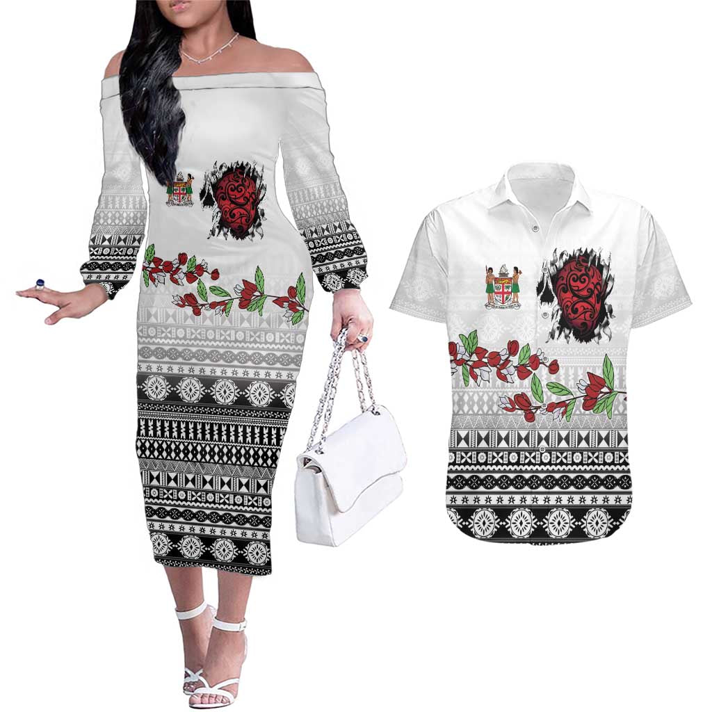 Fiji Heart Tribal Personalised Couples Matching Off The Shoulder Long Sleeve Dress and Hawaiian Shirt Polynesian Patterns