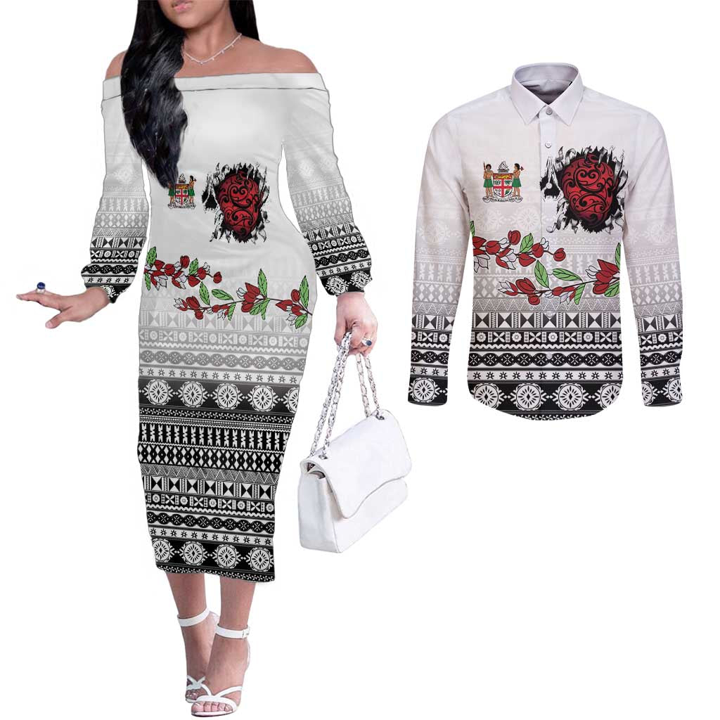 Fiji Heart Tribal Personalised Couples Matching Off The Shoulder Long Sleeve Dress and Long Sleeve Button Shirt Polynesian Patterns
