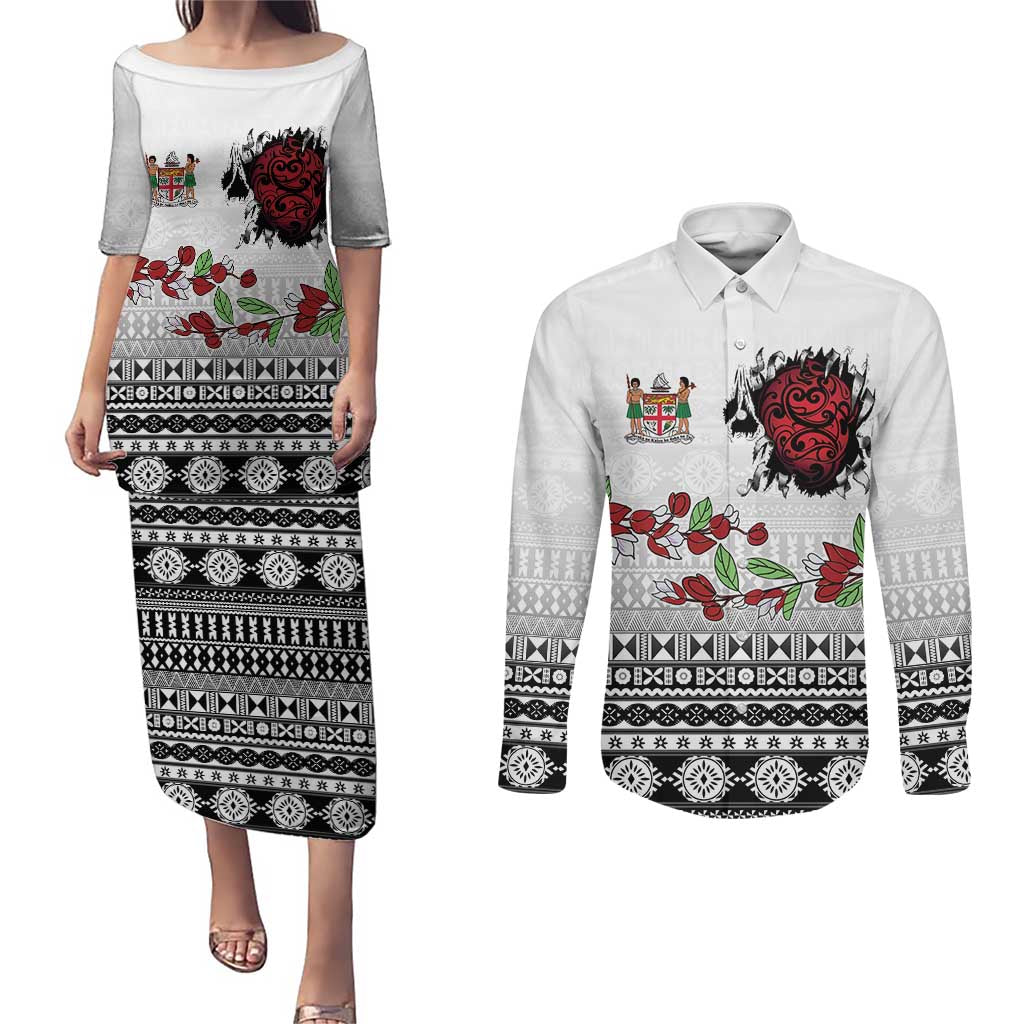 Fiji Heart Tribal Personalised Couples Matching Puletasi and Long Sleeve Button Shirt Polynesian Patterns