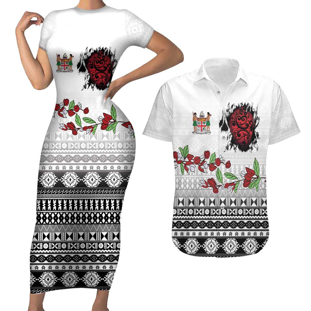 Fiji Heart Tribal Personalised Couples Matching Short Sleeve Bodycon Dress and Hawaiian Shirt Polynesian Patterns