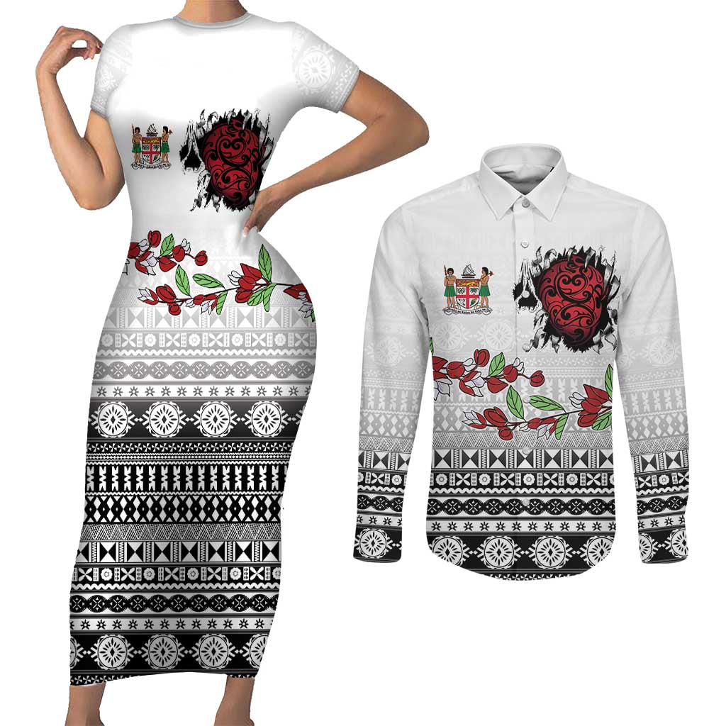 Fiji Heart Tribal Personalised Couples Matching Short Sleeve Bodycon Dress and Long Sleeve Button Shirt Polynesian Patterns