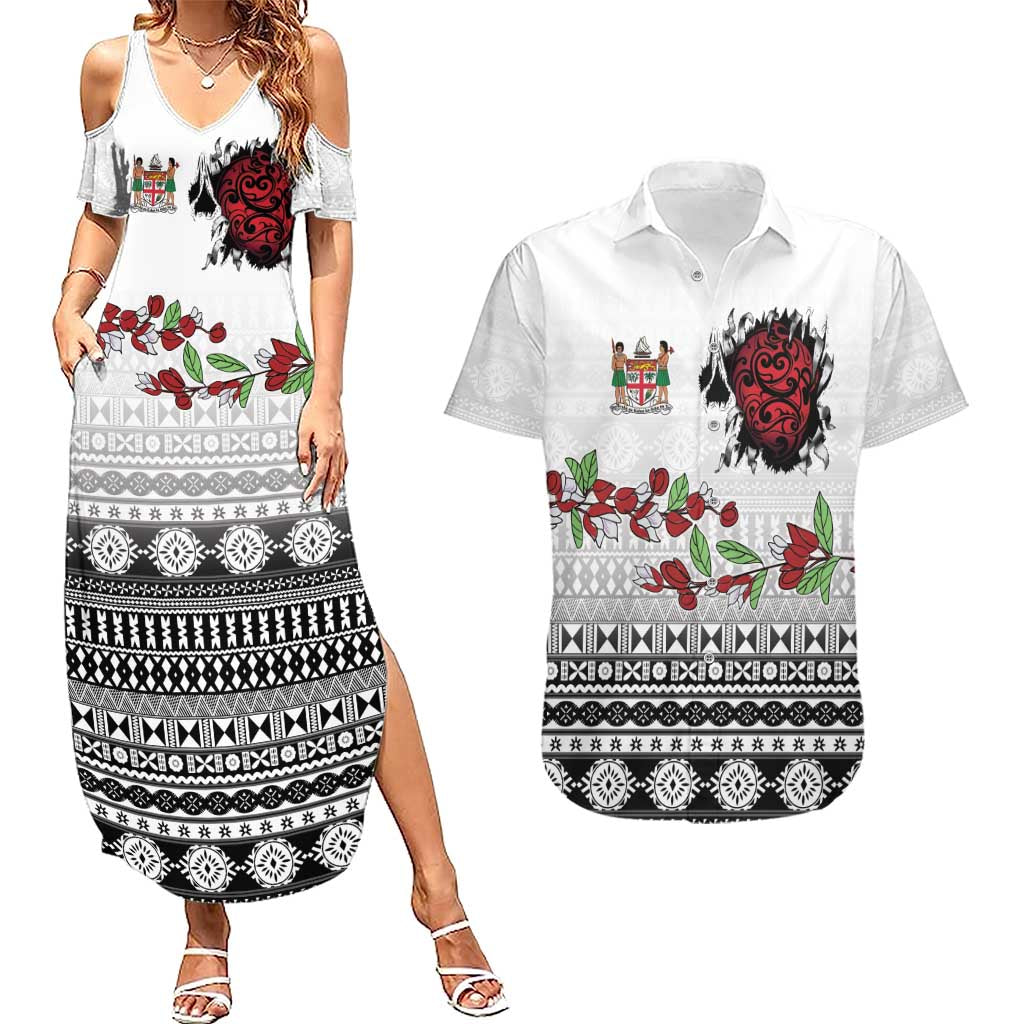 Fiji Heart Tribal Personalised Couples Matching Summer Maxi Dress and Hawaiian Shirt Polynesian Patterns