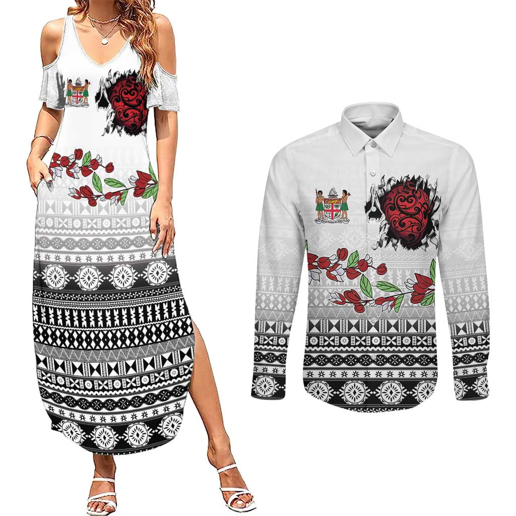 Fiji Heart Tribal Personalised Couples Matching Summer Maxi Dress and Long Sleeve Button Shirt Polynesian Patterns