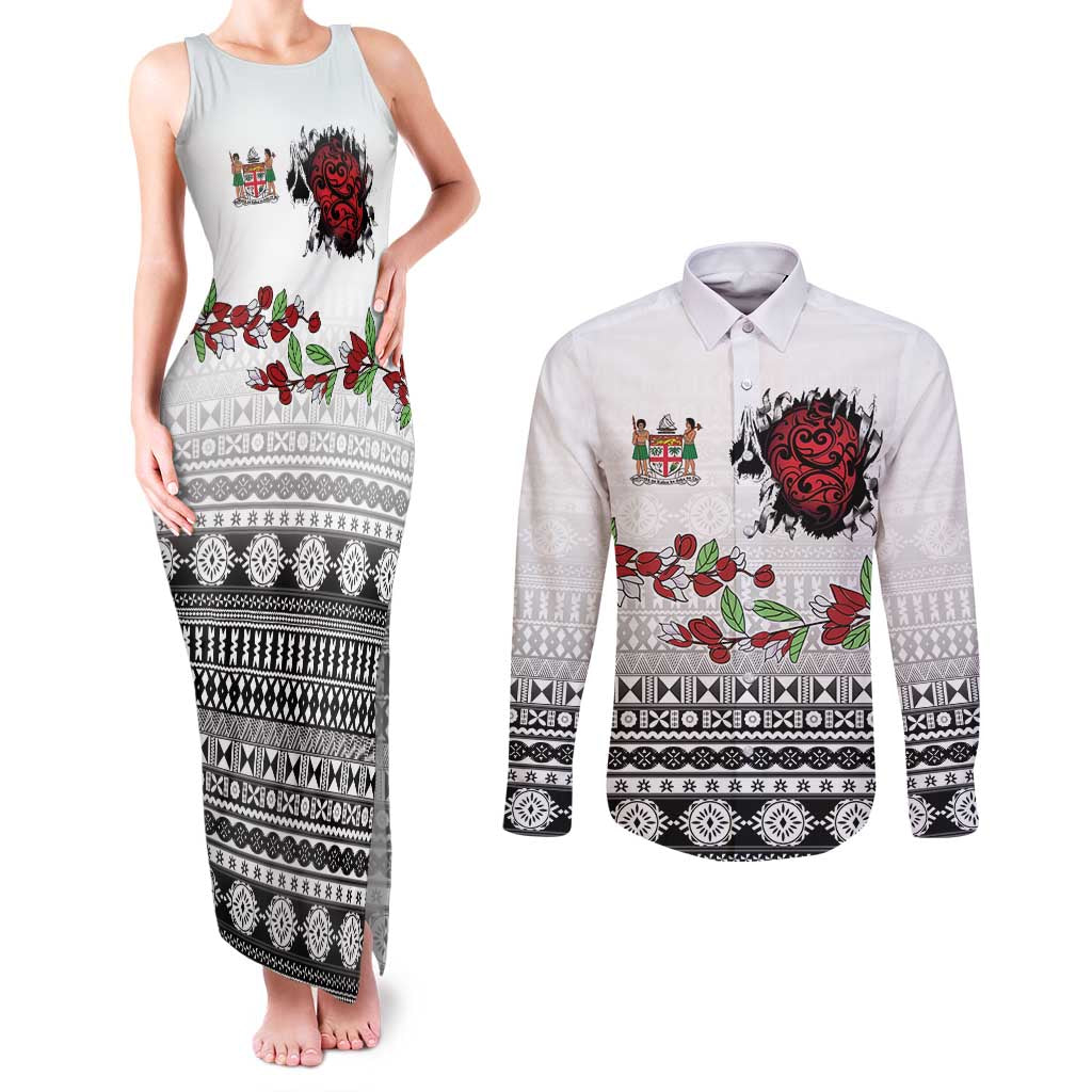 Fiji Heart Tribal Personalised Couples Matching Tank Maxi Dress and Long Sleeve Button Shirt Polynesian Patterns