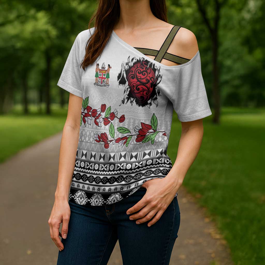 Fiji Heart Tribal Personalised Cross Shoulder Shirt Polynesian Patterns