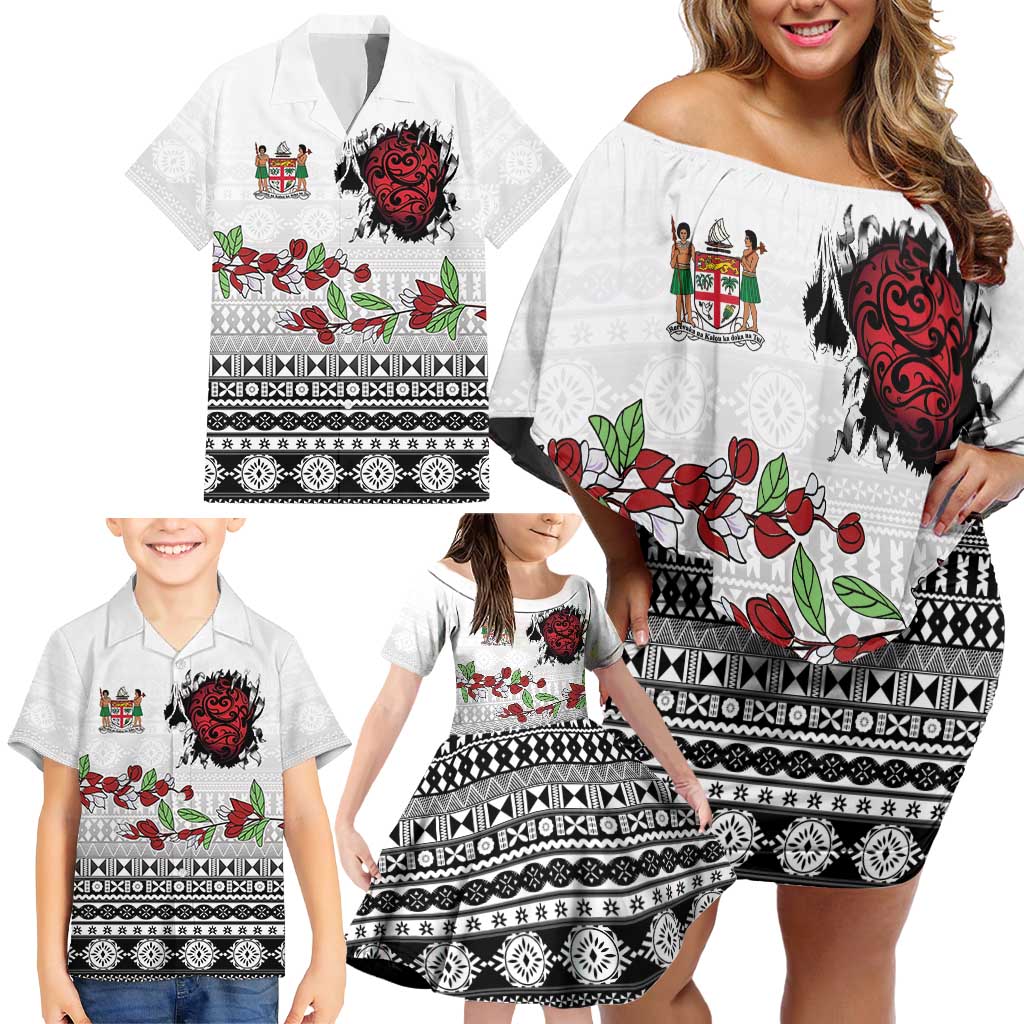Fiji Heart Tribal Personalised Family Matching Off Shoulder Short Dress and Hawaiian Shirt Polynesian Patterns