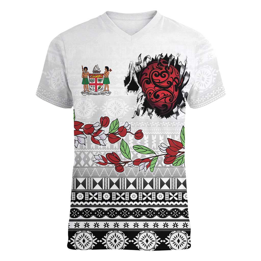 Fiji Heart Tribal Personalised Women V-Neck T-Shirt Polynesian Patterns