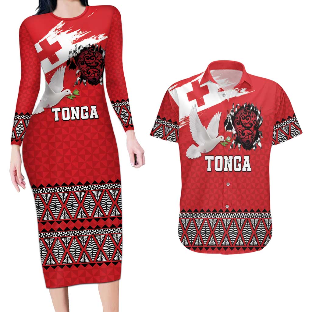 Tonga Heart Tribal Personalised Couples Matching Long Sleeve Bodycon Dress and Hawaiian Shirt Polynesian Patterns LT9 Red - Polynesian Pride