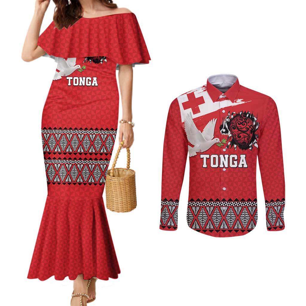Tonga Heart Tribal Personalised Couples Matching Mermaid Dress and Long Sleeve Button Shirt Polynesian Patterns LT9 Red - Polynesian Pride