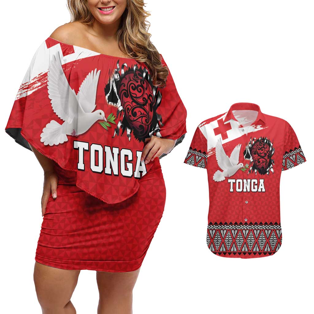 Tonga Heart Tribal Personalised Couples Matching Off Shoulder Short Dress and Hawaiian Shirt Polynesian Patterns