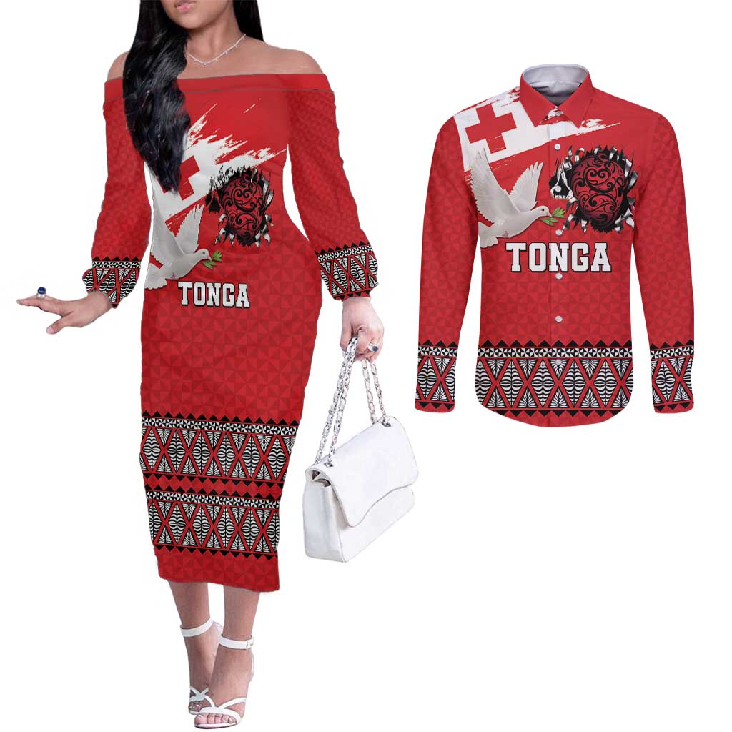 Tonga Heart Tribal Personalised Couples Matching Off The Shoulder Long Sleeve Dress and Long Sleeve Button Shirt Polynesian Patterns LT9 Red - Polynesian Pride