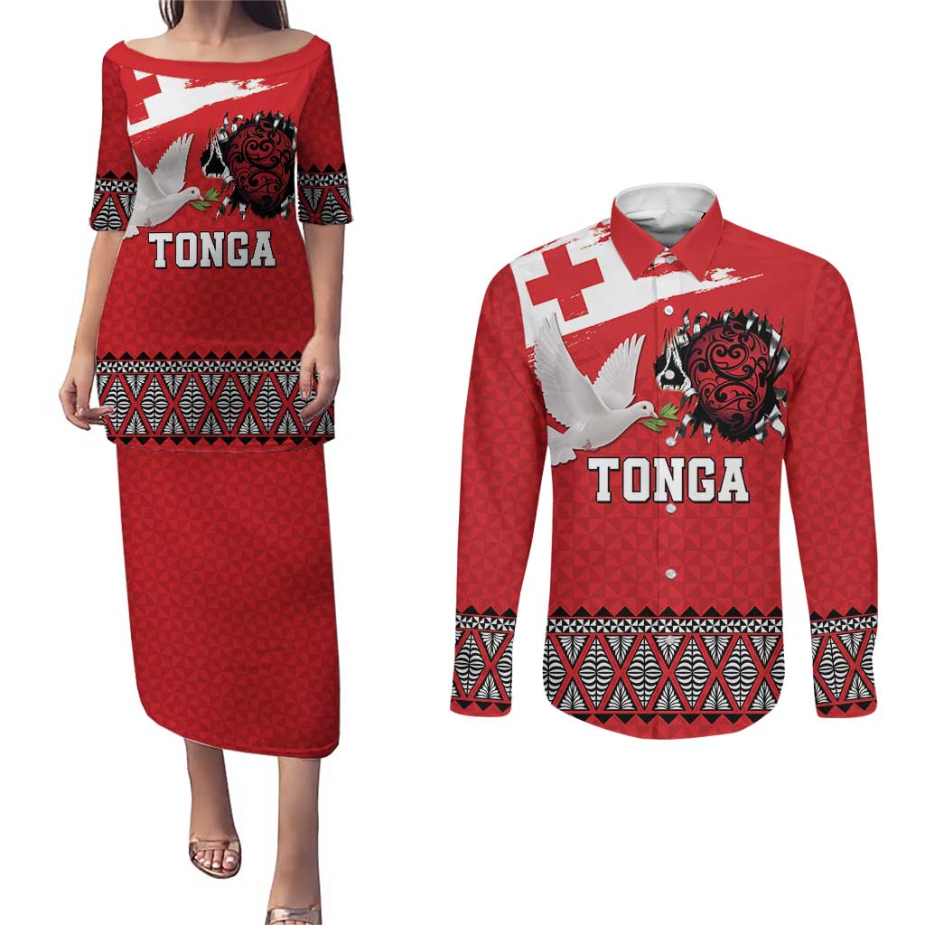 Tonga Heart Tribal Personalised Couples Matching Puletasi and Long Sleeve Button Shirt Polynesian Patterns LT9 Red - Polynesian Pride