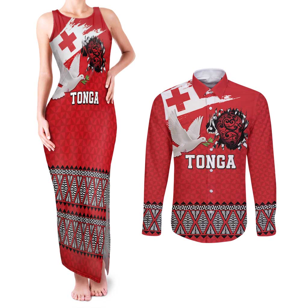 Tonga Heart Tribal Personalised Couples Matching Tank Maxi Dress and Long Sleeve Button Shirt Polynesian Patterns LT9 Red - Polynesian Pride