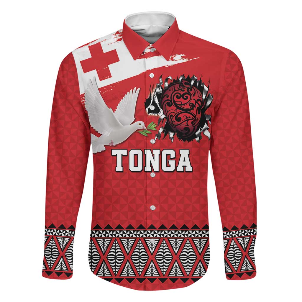 Tonga Heart Tribal Personalised Family Matching Off Shoulder Short Dress and Hawaiian Shirt Polynesian Patterns LT9 Dad's Shirt - Long Sleeve Red - Polynesian Pride