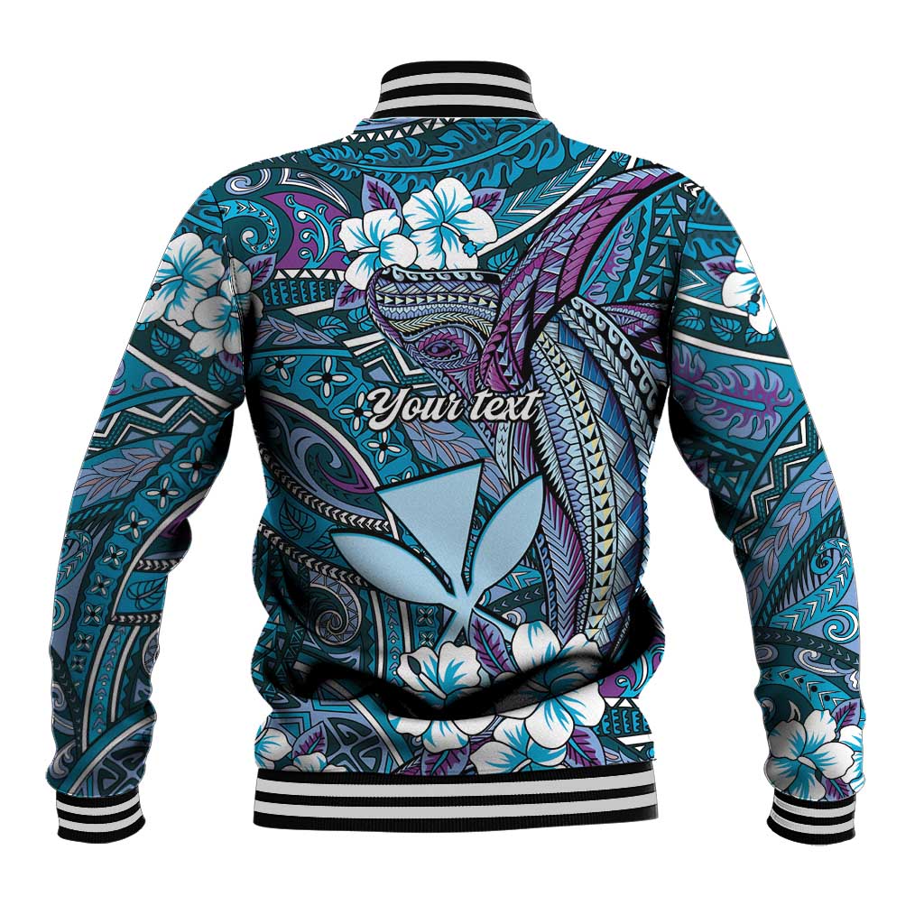 Personalised Hawaii Tribal Humpback Whale Baseball Jacket Polu Hibiscus Seamless Pattern