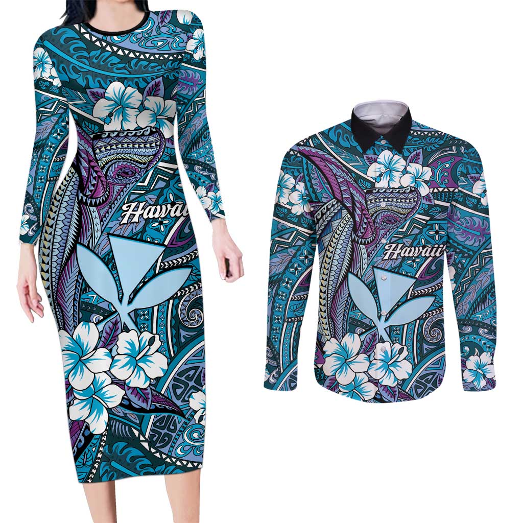 Personalised Hawaii Tribal Humpback Whale Couples Matching Long Sleeve Bodycon Dress and Long Sleeve Button Shirt Polu Hibiscus Seamless Pattern LT9 Blue - Polynesian Pride