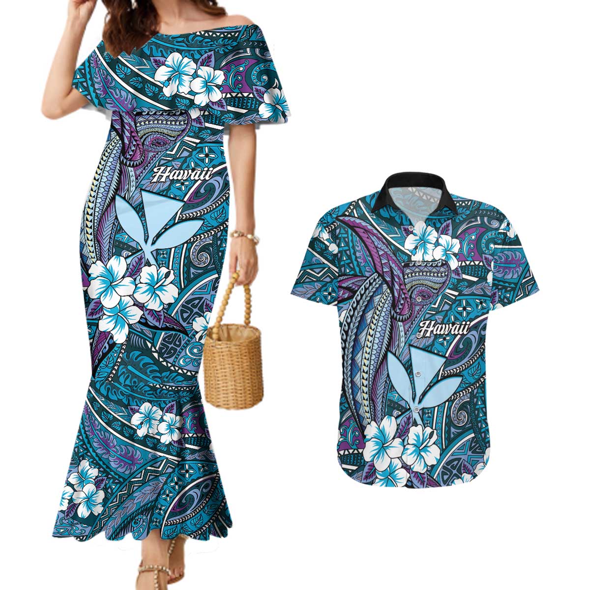 Personalised Hawaii Tribal Humpback Whale Couples Matching Mermaid Dress and Hawaiian Shirt Polu Hibiscus Seamless Pattern LT9 Blue - Polynesian Pride