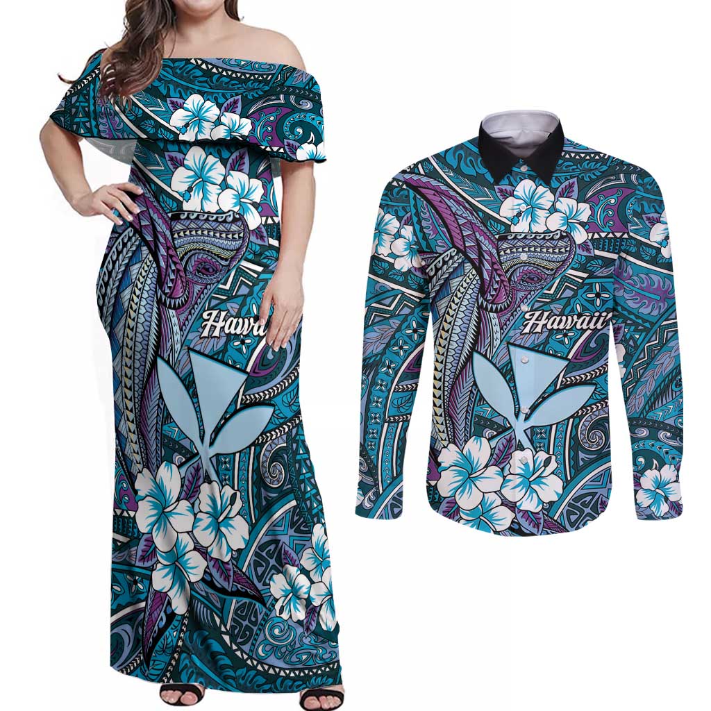 Personalised Hawaii Tribal Humpback Whale Couples Matching Off Shoulder Maxi Dress and Long Sleeve Button Shirt Polu Hibiscus Seamless Pattern LT9 Blue - Polynesian Pride