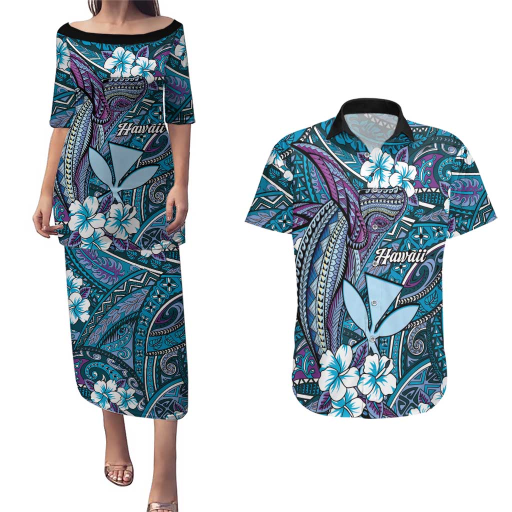 Personalised Hawaii Tribal Humpback Whale Couples Matching Puletasi and Hawaiian Shirt Polu Hibiscus Seamless Pattern LT9 Blue - Polynesian Pride