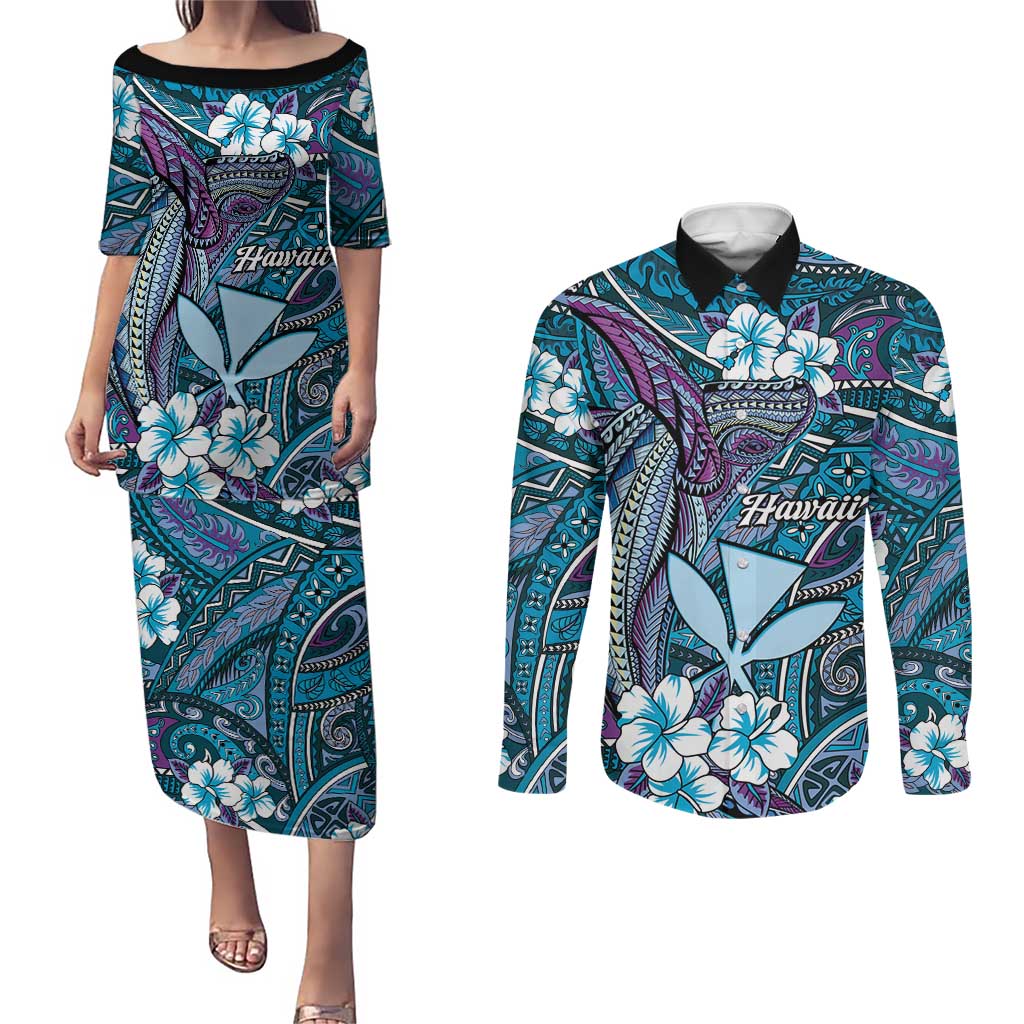 Personalised Hawaii Tribal Humpback Whale Couples Matching Puletasi and Long Sleeve Button Shirt Polu Hibiscus Seamless Pattern LT9 Blue - Polynesian Pride