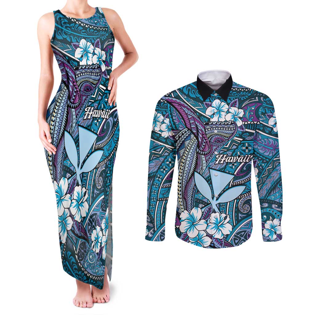 Personalised Hawaii Tribal Humpback Whale Couples Matching Tank Maxi Dress and Long Sleeve Button Shirt Polu Hibiscus Seamless Pattern LT9 Blue - Polynesian Pride