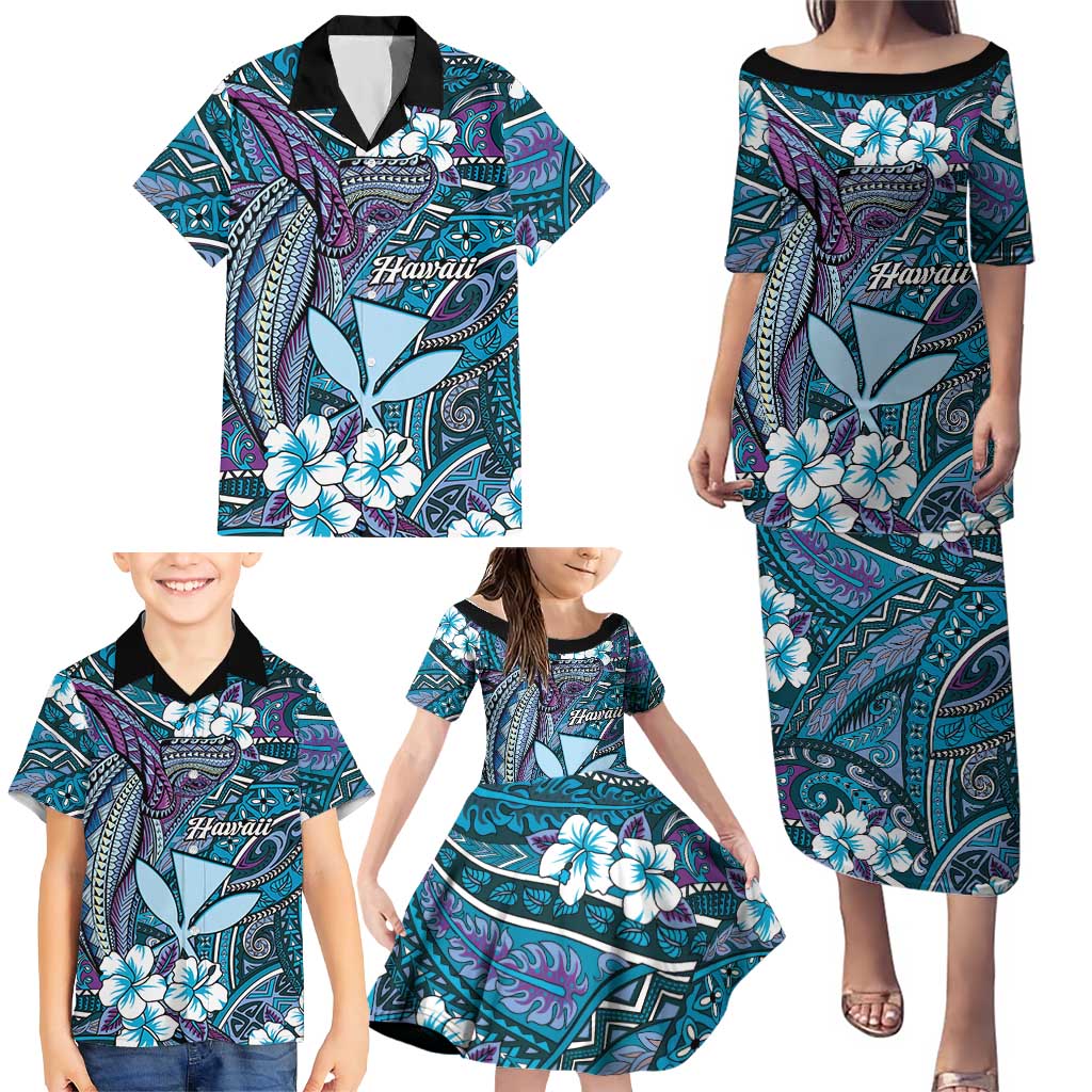 Personalised Hawaii Tribal Humpback Whale Family Matching Puletasi and Hawaiian Shirt Polu Hibiscus Seamless Pattern