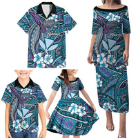 Personalised Hawaii Tribal Humpback Whale Family Matching Puletasi and Hawaiian Shirt Polu Hibiscus Seamless Pattern