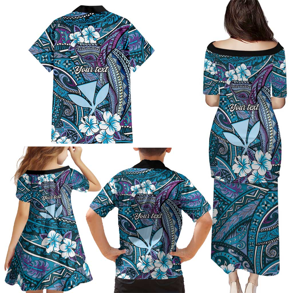 Personalised Hawaii Tribal Humpback Whale Family Matching Puletasi and Hawaiian Shirt Polu Hibiscus Seamless Pattern