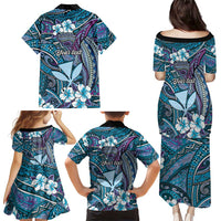 Personalised Hawaii Tribal Humpback Whale Family Matching Puletasi and Hawaiian Shirt Polu Hibiscus Seamless Pattern