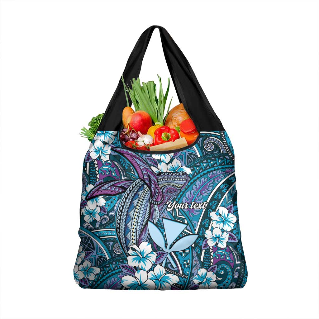 Personalised Hawaii Tribal Humpback Whale Grocery Bag Polu Hibiscus Seamless Pattern
