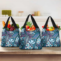 Personalised Hawaii Tribal Humpback Whale Grocery Bag Polu Hibiscus Seamless Pattern
