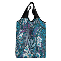 Personalised Hawaii Tribal Humpback Whale Grocery Bag Polu Hibiscus Seamless Pattern