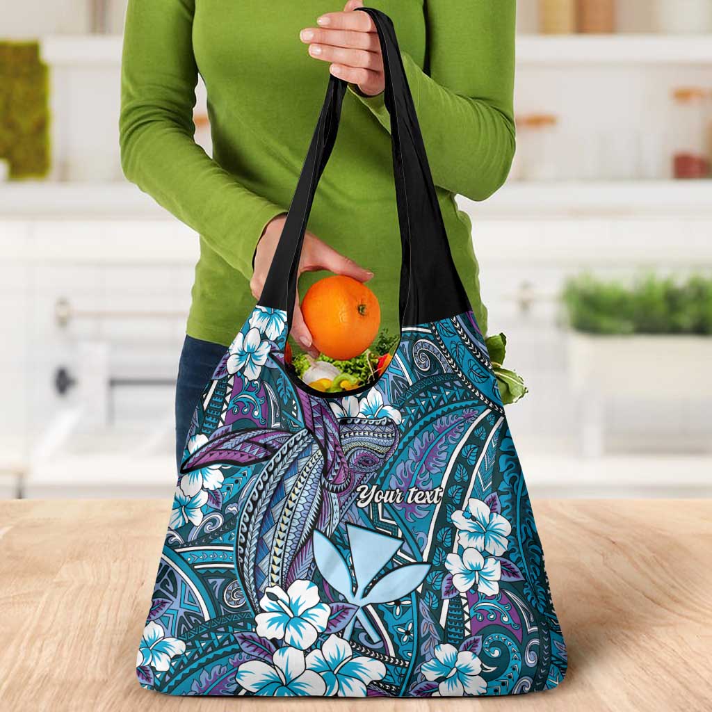 Personalised Hawaii Tribal Humpback Whale Grocery Bag Polu Hibiscus Seamless Pattern