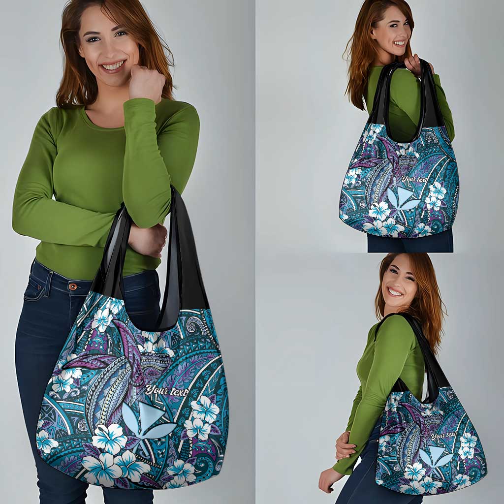 Personalised Hawaii Tribal Humpback Whale Grocery Bag Polu Hibiscus Seamless Pattern