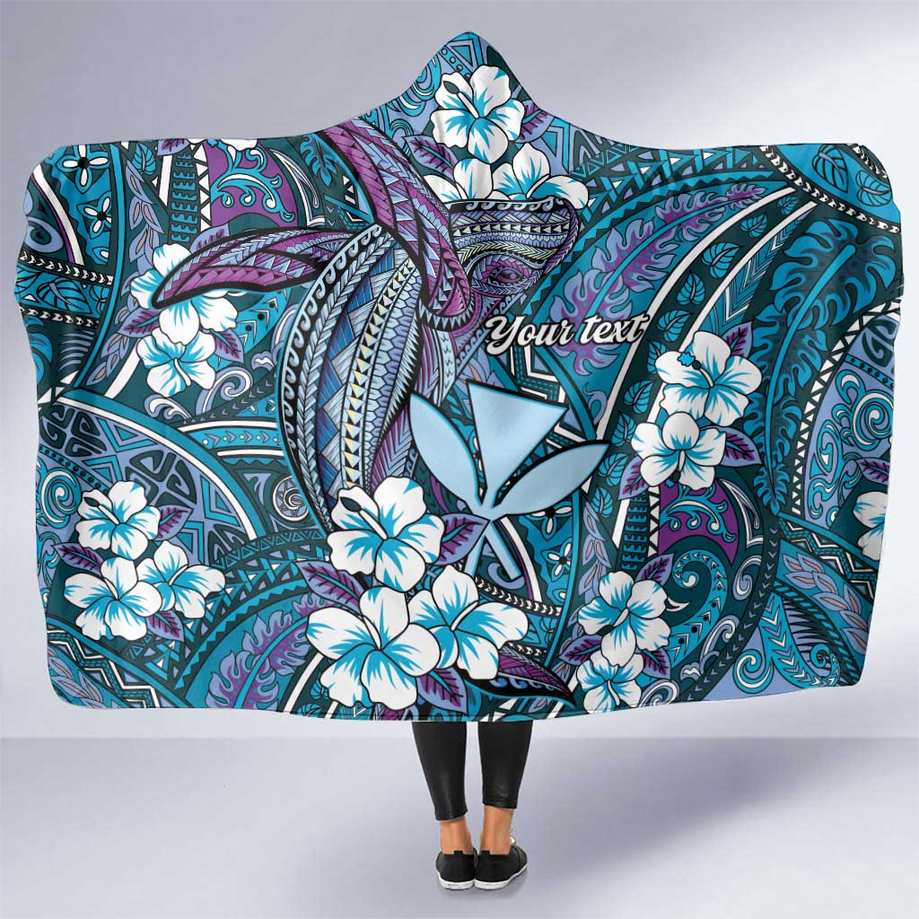 Personalised Hawaii Tribal Humpback Whale Hooded Blanket Polu Hibiscus Seamless Pattern LT9 One Size Blue - Polynesian Pride