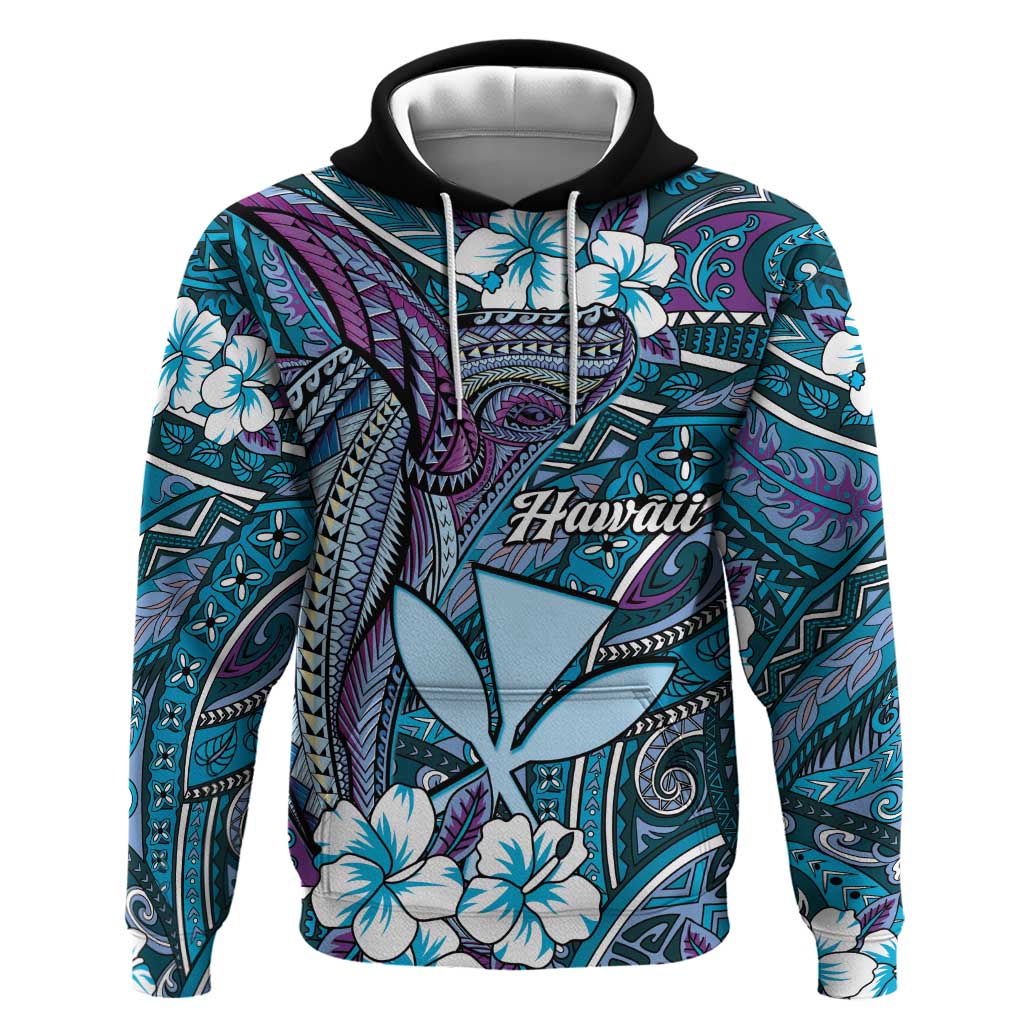 Personalised Hawaii Tribal Humpback Whale Hoodie Polu Hibiscus Seamless Pattern LT9 Pullover Hoodie Blue - Polynesian Pride
