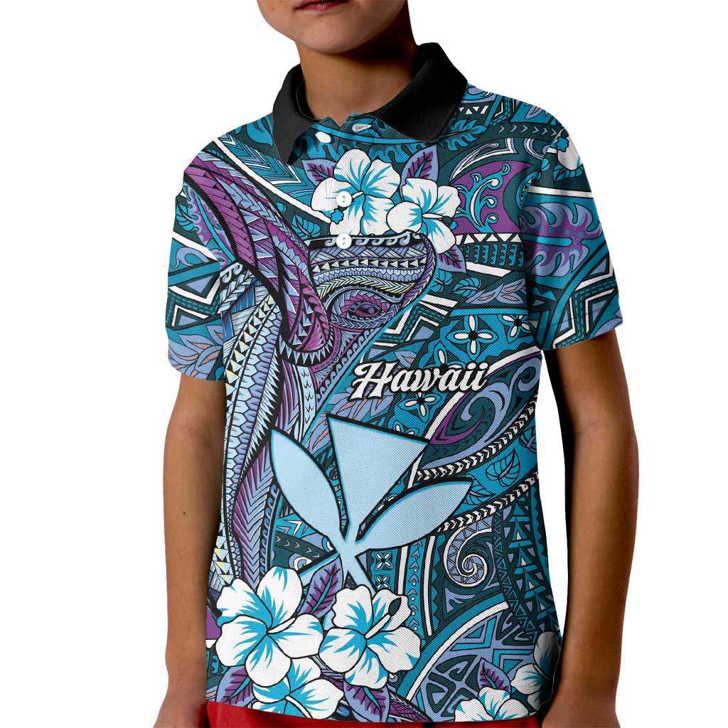 Personalised Hawaii Tribal Humpback Whale Kid Polo Shirt Polu Hibiscus Seamless Pattern