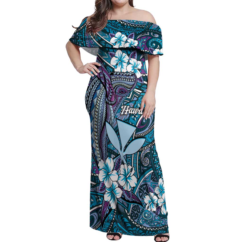Personalised Hawaii Tribal Humpback Whale Off Shoulder Maxi Dress Polu Hibiscus Seamless Pattern