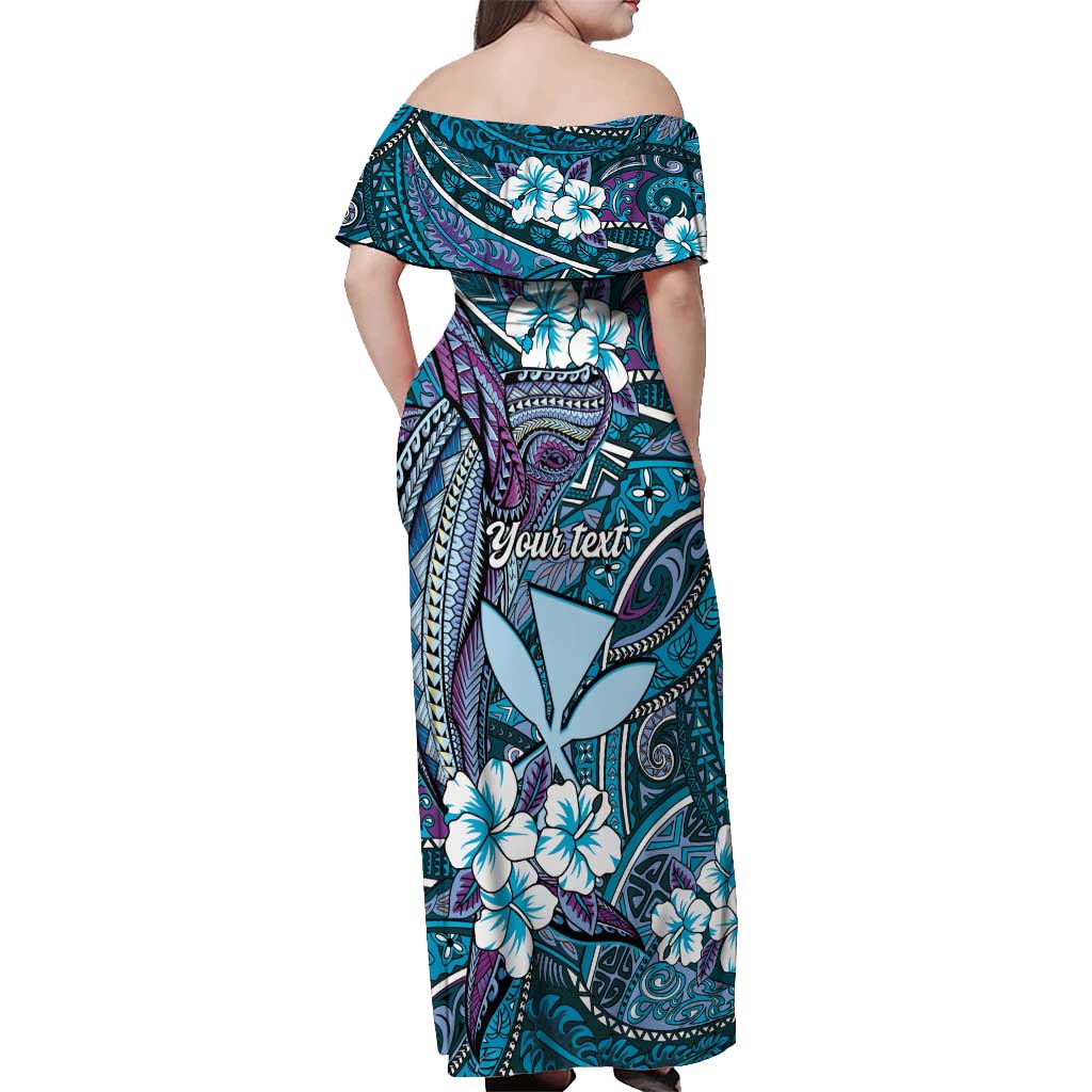 Personalised Hawaii Tribal Humpback Whale Off Shoulder Maxi Dress Polu Hibiscus Seamless Pattern