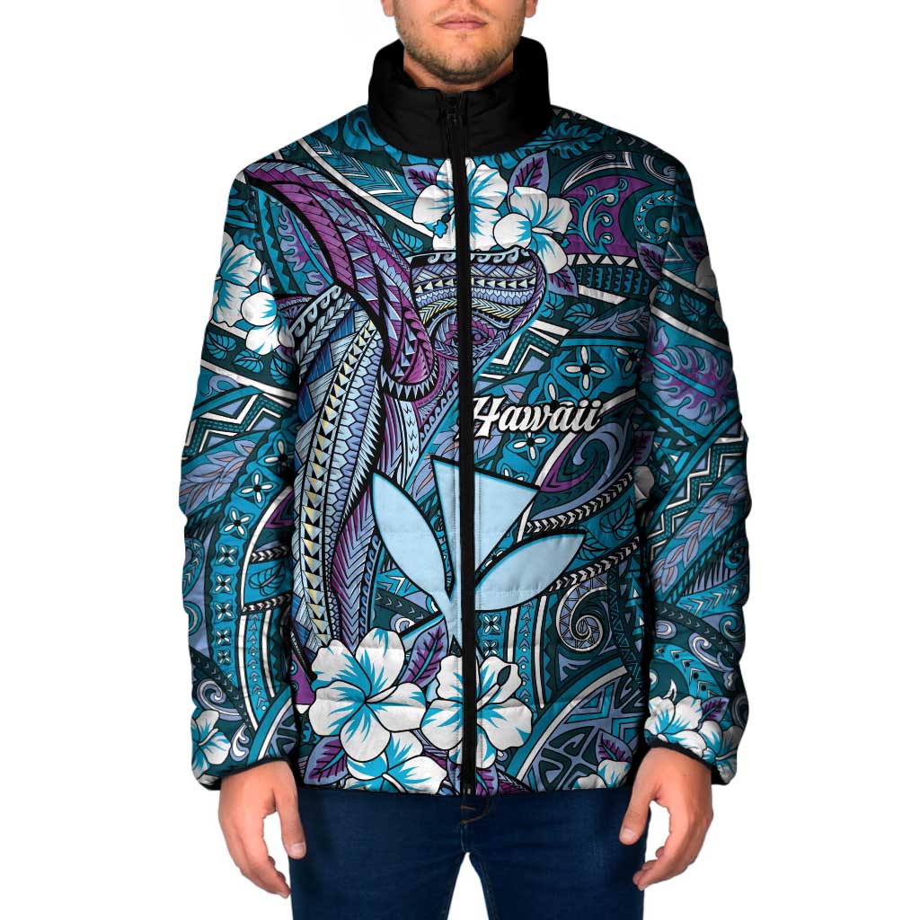 Personalised Hawaii Tribal Humpback Whale Padded Jacket Polu Hibiscus Seamless Pattern