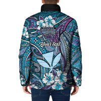 Personalised Hawaii Tribal Humpback Whale Padded Jacket Polu Hibiscus Seamless Pattern
