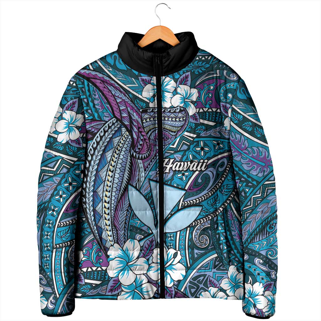 Personalised Hawaii Tribal Humpback Whale Padded Jacket Polu Hibiscus Seamless Pattern