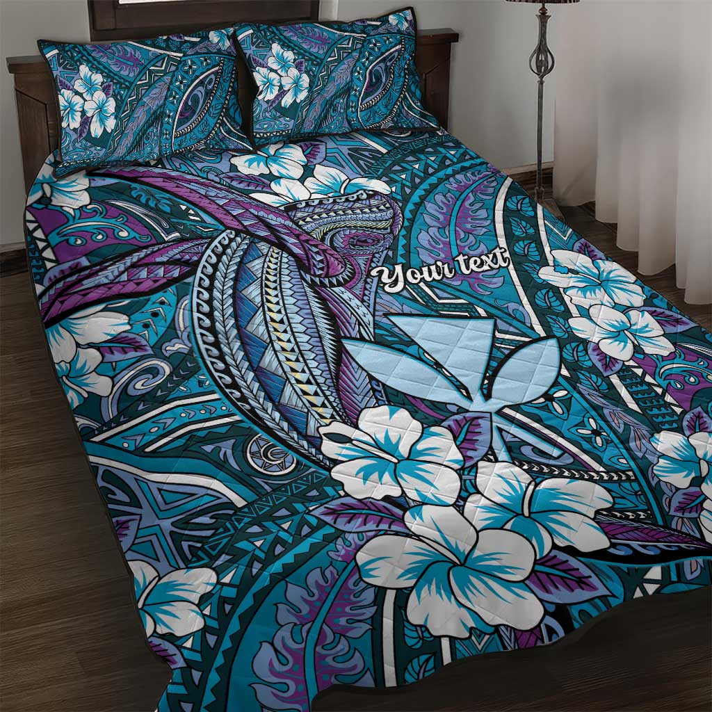 Personalised Hawaii Tribal Humpback Whale Quilt Bed Set Polu Hibiscus Seamless Pattern