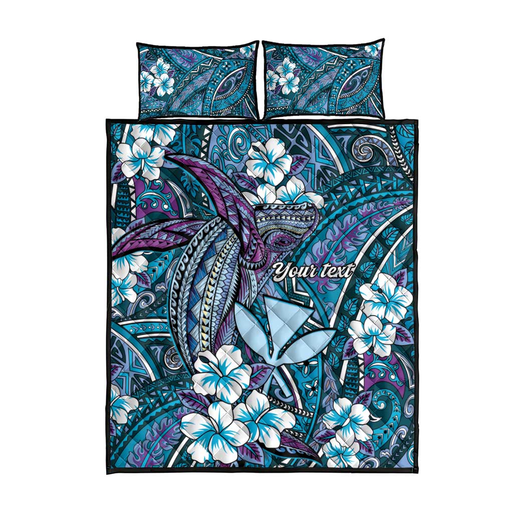 Personalised Hawaii Tribal Humpback Whale Quilt Bed Set Polu Hibiscus Seamless Pattern