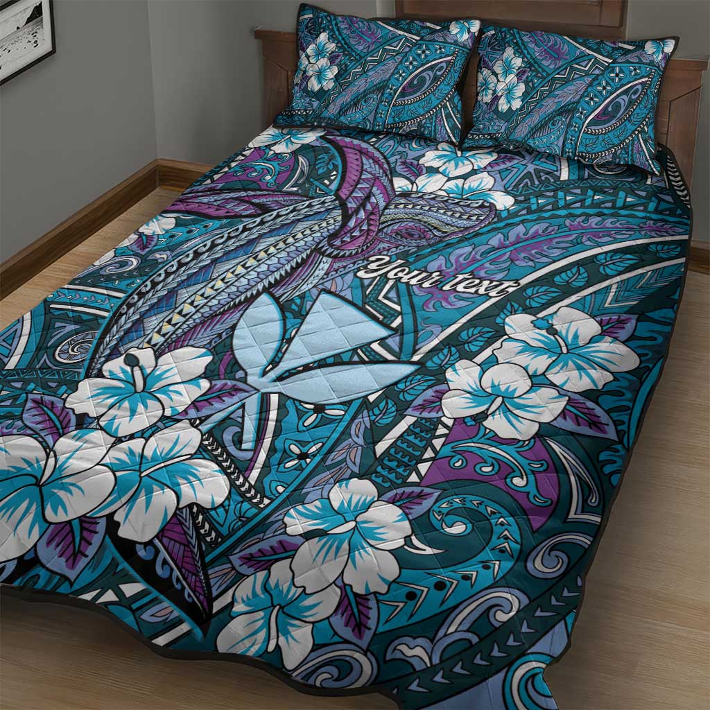 Personalised Hawaii Tribal Humpback Whale Quilt Bed Set Polu Hibiscus Seamless Pattern