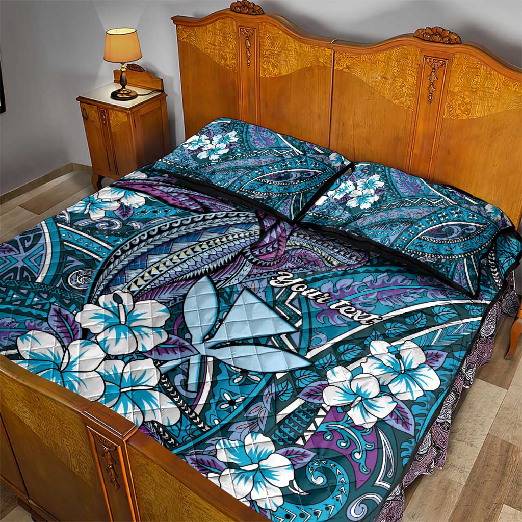 Personalised Hawaii Tribal Humpback Whale Quilt Bed Set Polu Hibiscus Seamless Pattern