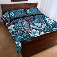 Personalised Hawaii Tribal Humpback Whale Quilt Bed Set Polu Hibiscus Seamless Pattern
