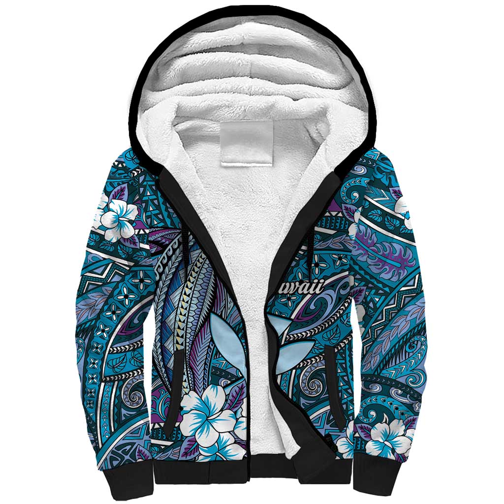 Personalised Hawaii Tribal Humpback Whale Sherpa Hoodie Polu Hibiscus Seamless Pattern