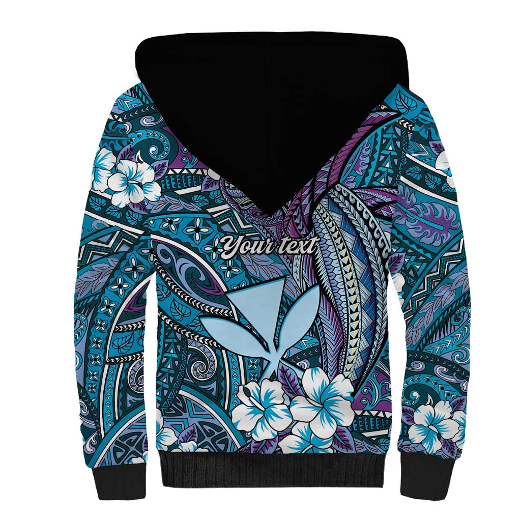 Personalised Hawaii Tribal Humpback Whale Sherpa Hoodie Polu Hibiscus Seamless Pattern