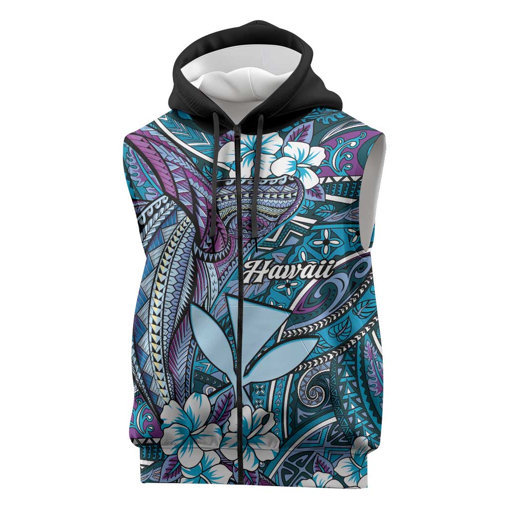 Personalised Hawaii Tribal Humpback Whale Sleeveless Zip Hoodie Polu Hibiscus Seamless Pattern LT9 Blue - Polynesian Pride